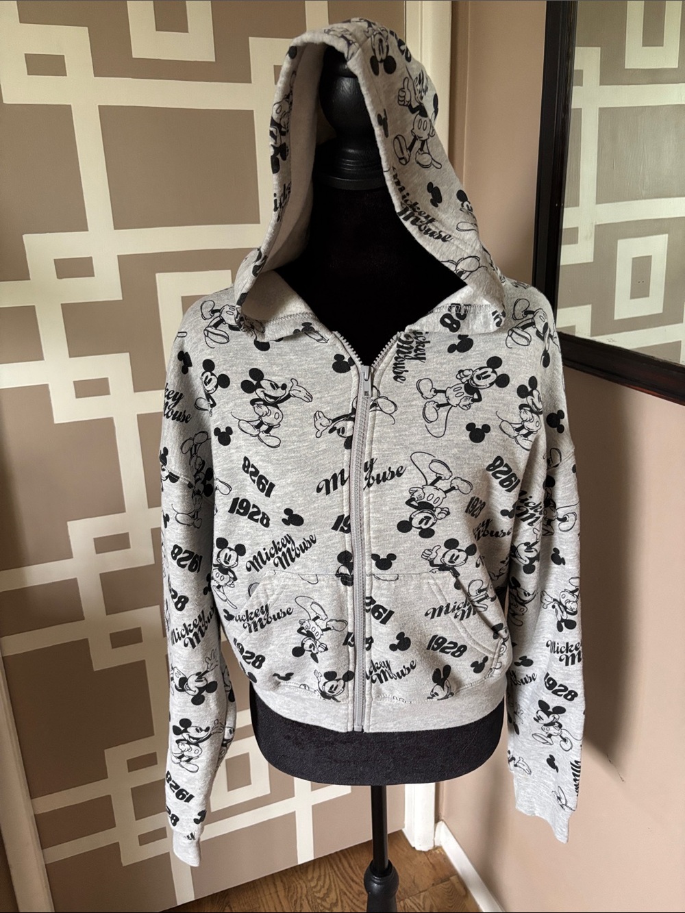 Disney Mickey Mouse Allover Print Zip-Up Hoodie, Retro 1928 Print, Sz M, EUC!
